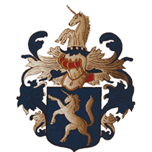 Familiewapen Schot Wapen met een eenhoorn en een kroon, versierd met bladeren en ornamenten.